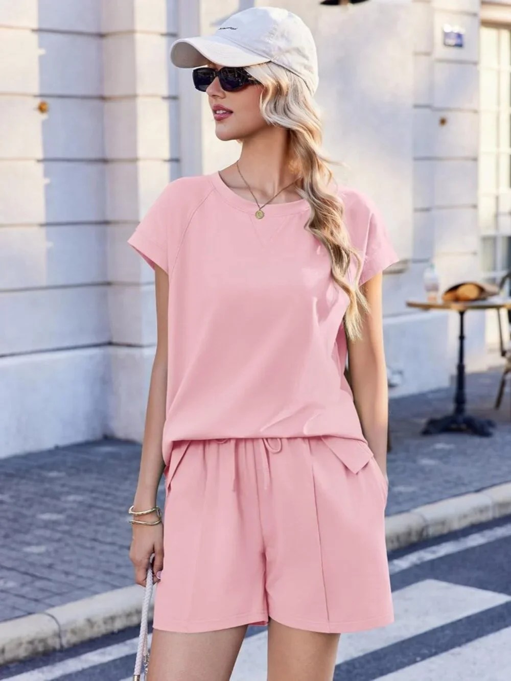 Womens Cotton 2 Piece Outfits Cap Sleeve Short Sets Crew Neck Matching Sets Summ